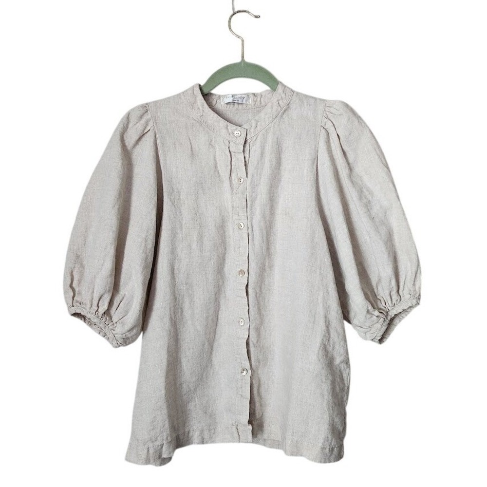 LANHTROPY Linen Bubble Sleeve Natural Beige Button Front Top Cottagecore xs